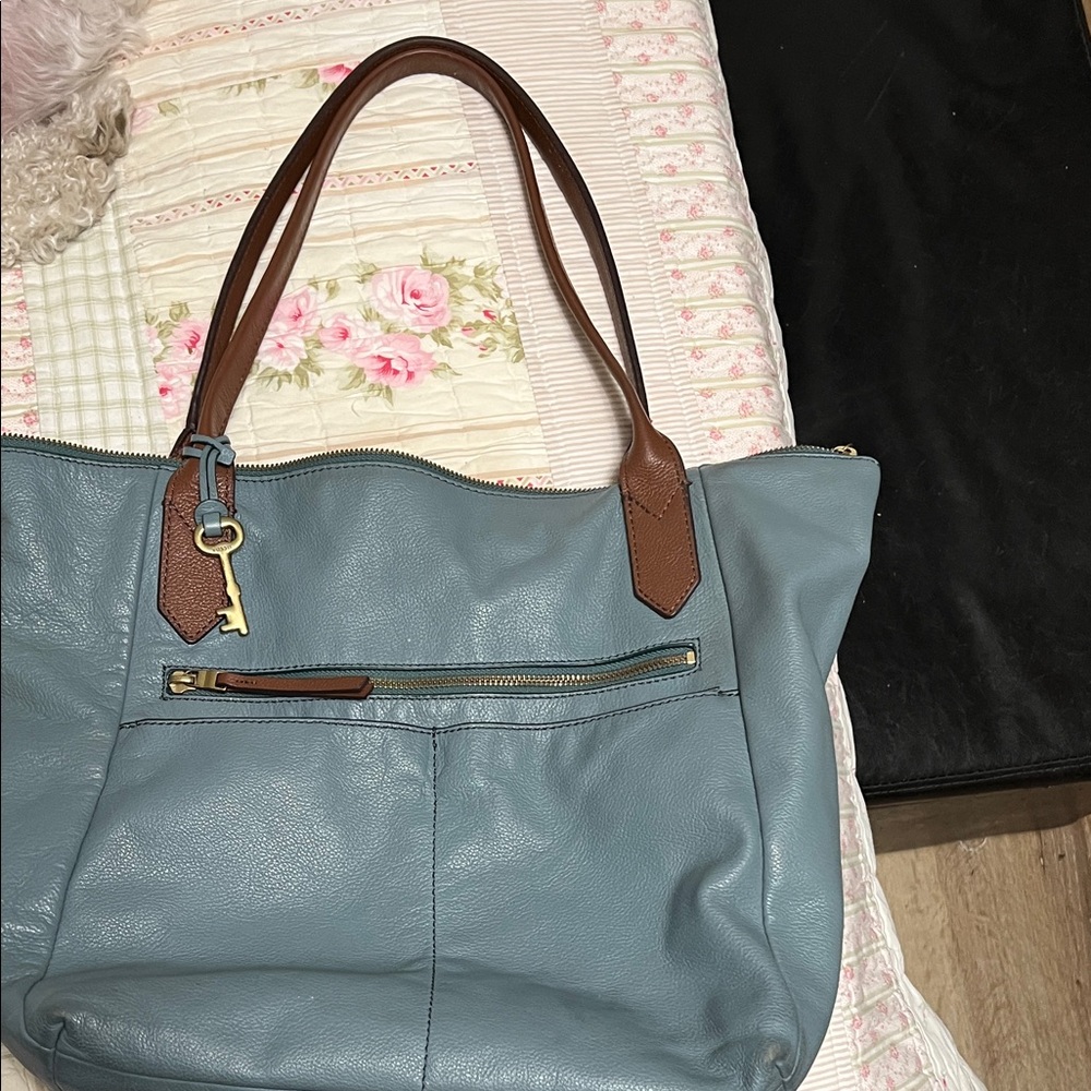 Fossil Blue Tote with Brown Accents